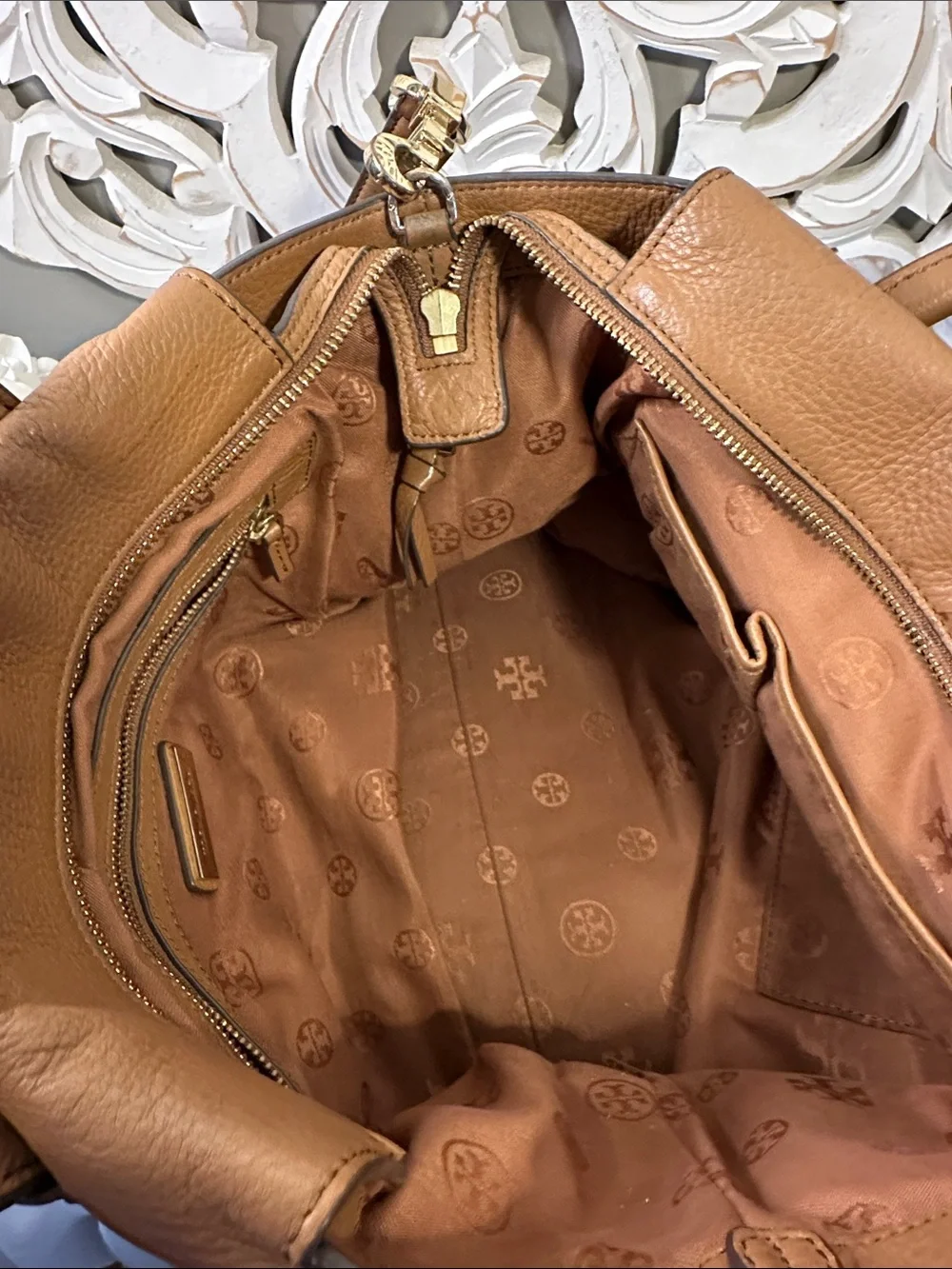 Tory Burch Tan Pebbled Leather Satchel with Front Pocket